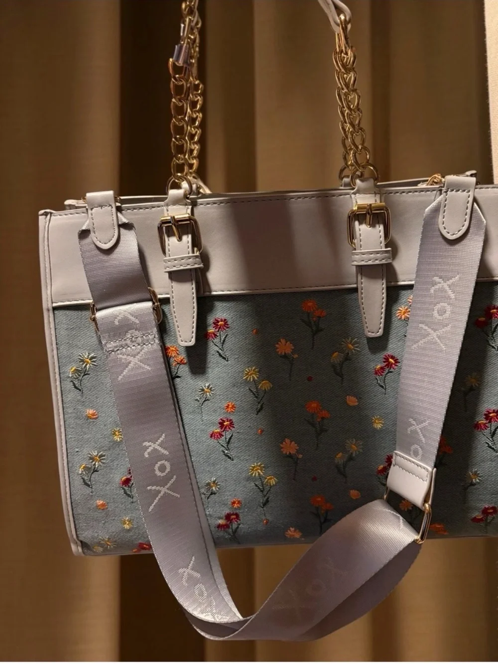 Betsey Johnson Denim Floral Satchel with Pastel Hot Air Balloon Charm NWT